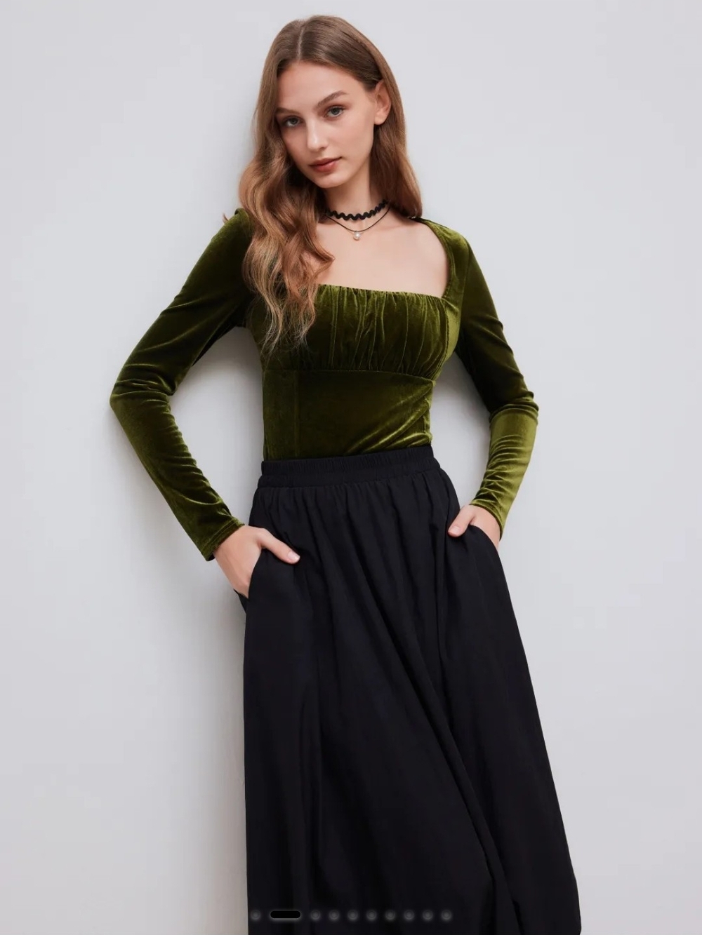 Olive Green Velvet Square Neck Ruched Bodysuit
